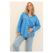 Trend Alaçatı Stili Women's Aviator Blue Motif Oversize Linen Shirt