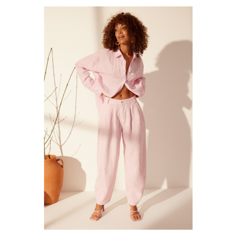 Trendyol Pink 100% Linen High Waist Barrel Trousers