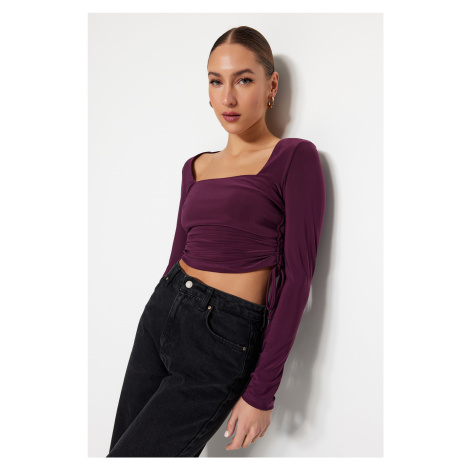 Trendyol Purple Square Neck Gathered Detail Fitted/Sleeping Crop Elastic Knitted Blouse