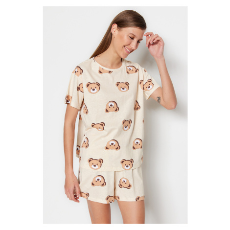 Trendyol Ecru 100% bavlnené pyžamo s medvedíkom - tričko a šortky