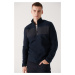 Avva Men's Navy Blue Zippered High Neck Parachute Fabric Detail Regular Fit Fleece Sweatshirt