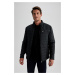 DEFACTO Slim Fit Slim Cut Stand Collar Zippered Pocket Faux Leather Jacket Coat