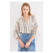 armonika Women's Khaki Long Sleeve Pocket Detailed Back Pleated Striped Oversize Shirt