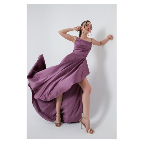 Lafaba Dámske levanduľové večerné šaty & plesové šaty s volánikmi a rozparkom v saténe