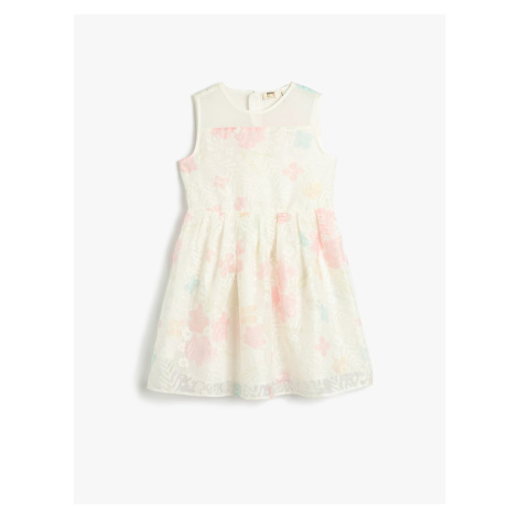 Koton Tulle Floral Midi Dress, Sleeveless Round Neck Lined.