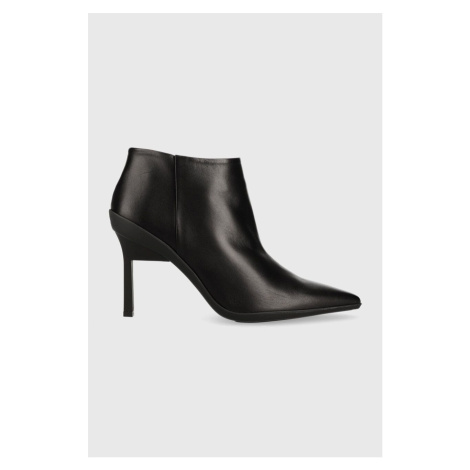Kožené členkové topánky Calvin Klein WRAP STILETTO ANKLE dámske, čierna farba, na vysokom podpät
