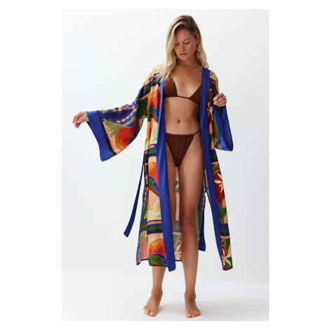 Trendyol Abstract Patterned Belted Maxi Woven Kimono & Kaftan