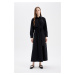 DEFACTO Shirt Collar Basic Plain Buttoned Belted Poplin Long Sleeve Maxi Black Dress