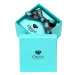 Darčeková krabička na briliantové šperky - tyrkysové prevedenie s logom a čiernou mašľou, štvore