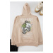 Trendyol Stone Oversize/Wide Cut Hooded Floral Printed Fleece Inside Sweatshirt