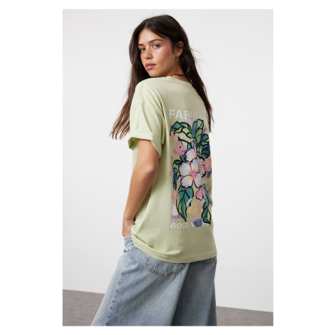 Trendyol Mint 100% Cotton Back and Front Printed Oversize/Wide Cut Knitted T-Shirt