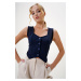 Trend Alaçatı Stili Women's Navy Blue Heart Collar Buttoned Crop Vest