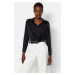 Trendyol Black Crop Shirt Collar Satin Woven Blouse