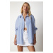 Happiness İstanbul Women's Sky Blue Striped Oversize Long Basic Shirt