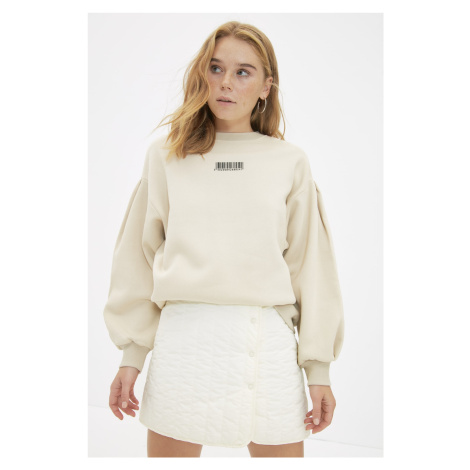 Trendyol Stone Thick Fleece Minimal Printed Balloon Sleeve Knitted Sweatshirt