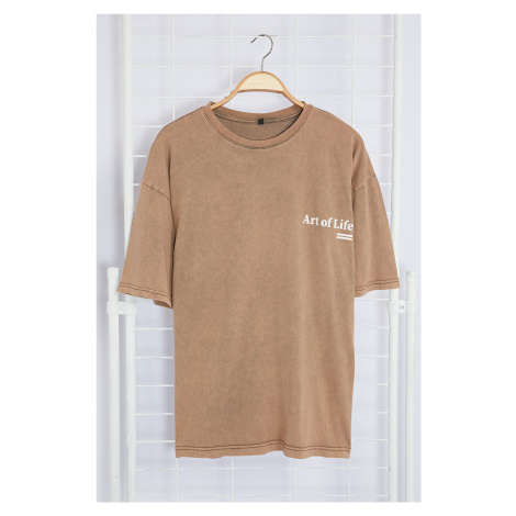 Trendyol Brown Oversize/Wide Cut Faded Effect Text Printed 100% Cotton T-Shirt