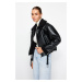 Trendyol Black Plush Detailed Faux Leather Biker Jacket Coat