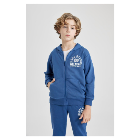 DEFACTO Boy's Hooded Printed Zippered Basic Sweatshirt