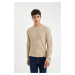 DEFACTO Light Beige Relax Fit Comfortable Cut Crew Neck T-Shirt Detailed Cotton Knit Sweater