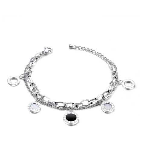Zdvojený oceľový náramok na ruku - čierne a perleťové kruhy, prstence