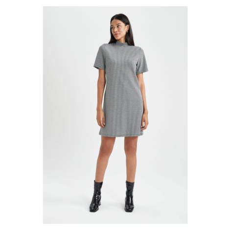 DEFACTO A-Line Half Turtleneck Houndstooth Jacquard Mini Short Sleeve Dress