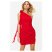 Trendyol Red Draped Rose and Ruffle Knitted Short Elegant Evening Dress