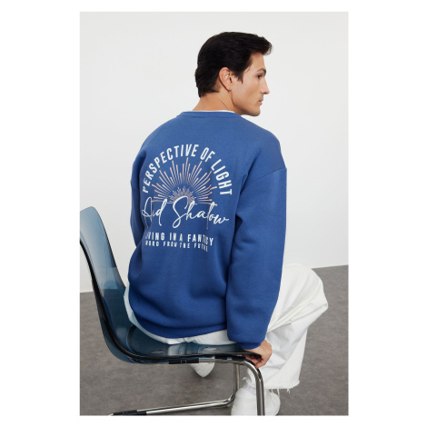 Trendyol Indigo Oversize/Wide Cut Back Printed Fleece/Warm Sweatshirt