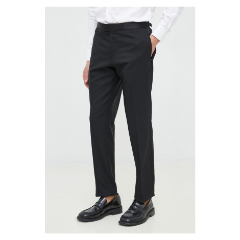 Vlnené nohavice BOSS pánske, čierna farba, rovné Hugo Boss