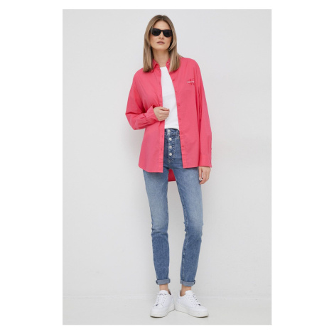 Bavlnená košeľa Calvin Klein Jeans dámska, ružová farba, voľný strih, s klasickým golierom