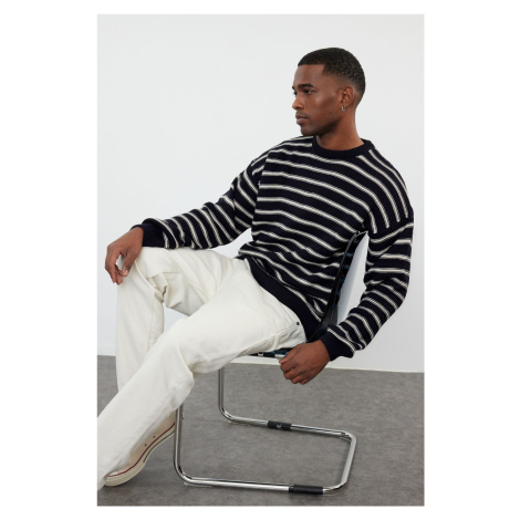 Trendyol Navy Blue Casual Unisex Crew Neck Striped Knitwear Sweater