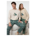 Trendyol Women's Couple Beige 100% Cotton Striped Christmas Themed Knitted Pajama Set