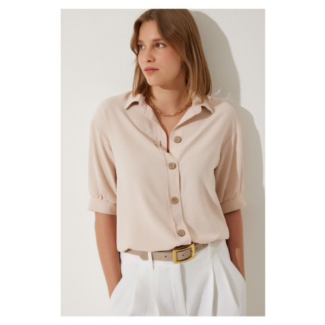 Happiness İstanbul Women's Cream Balloon Sleeve Linen Ayrobin Shirt