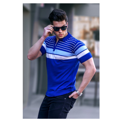 Madmext Men's Cobalt Blue Polo Collar Zippered T-Shirt 5732