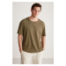 GRIMELANGE Davinson Men's Open Collar Oversize Fit 100% Cotton Khaki T-shir