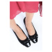 Mio Gusto Cassidy Black Women's Short Heeled Shoes with Flat Toe Bow and Accessory.