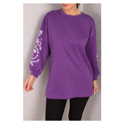 armonika Women's Purple Round Neck Embossed Sleeve Tunic