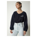 Happiness İstanbul Women's Navy Blue V-Neck Oversized Crop Knitted Sweatshirt