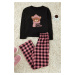 Trendyol Black 100% Cotton Teddy Bear Printed Plaid Knitted Pajama Set