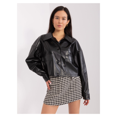 Black short jacket made of eco-leather with a collar