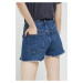 Rifľové krátke nohavice Abercrombie & Fitch dámske, tmavomodrá farba, jednofarebné, vysoký pás