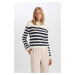 DEFACTO Regular Fit Soft Textured Crew Neck Buttoned Striped Knitwear Sweater