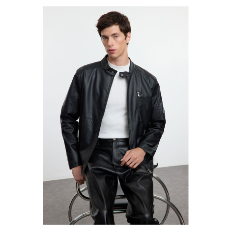 Trendyol Black Regular Fit PU Faux Leather Biker Jacket Coat