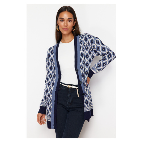 Trendyol Navy Blue Jacquard Button Detailed Knitwear Cardigan