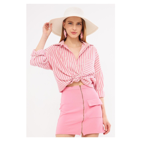 armonika Women's Fuchsia Striped Long Sleeve Pocket Detailed Pleated Oversize Shirt