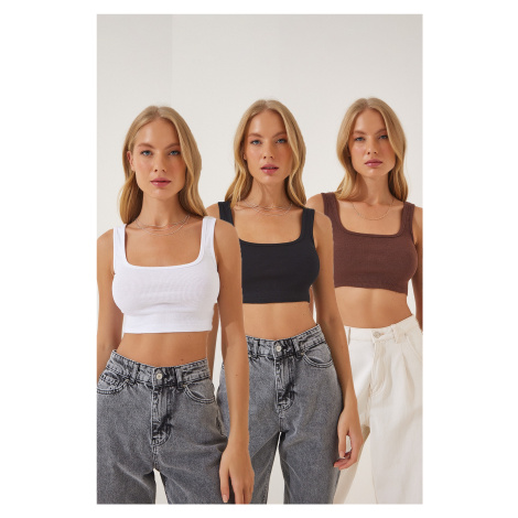 Happiness İstanbul Women's Black Brown White 3-Pack Barbell Crop Knitted Blouse