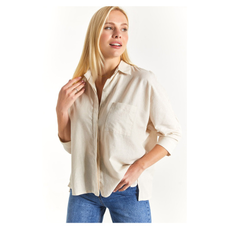 armonika Women's Light Beige Loose Linen Shirt with Pockets