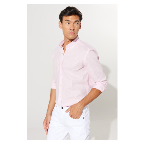 AC&Co / Altınyıldız Classics Men's Pink Slim Fit Slim Fit Buttoned Collar Linen Look 100% Cotton