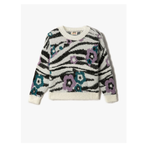 Koton Zebra Patterned Floral Plush Sweater Long Sleeve Crew Neck