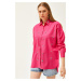 Olalook Women's Fuchsia Collar and Jewelled Front Six Oval Woven Shirt