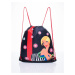 A red sack-type backpack with a girl´s print